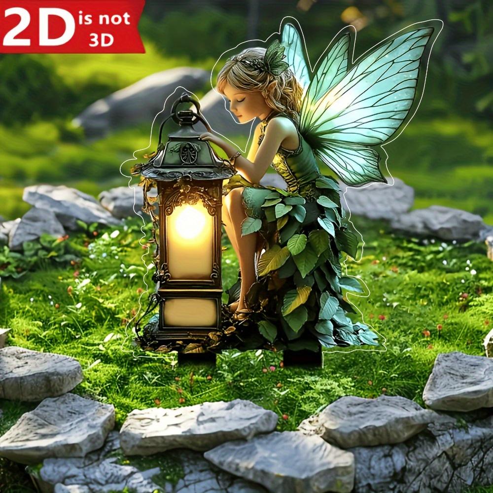 2D плоский, садовый штекер Angel Fairy - 2D плоский декор с фонариками и зелеными растениями, толщина декора 3 мм, подходит для цветочных горшков, газонов, садов