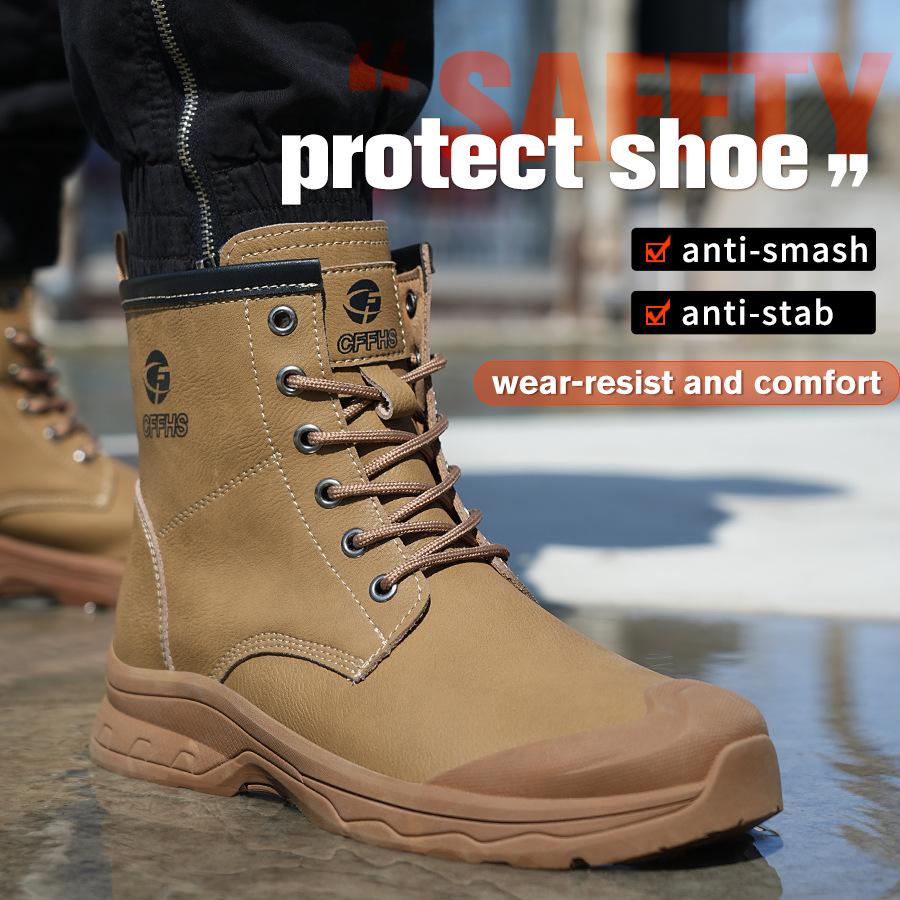 Модные высокие ботинки Рабочие ботинки Неразрушаемая обувь со стальным носком Водонепроницаемые защитные ботинки Прокалываемые антиожоговые мужские кожаные ботинки