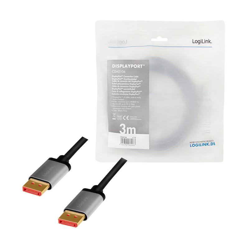 DisplayPort 1.4 DP/M cable 8K 60Hz 4K 120Hz 3m LogiLink HDR HBR3 Aluminum
