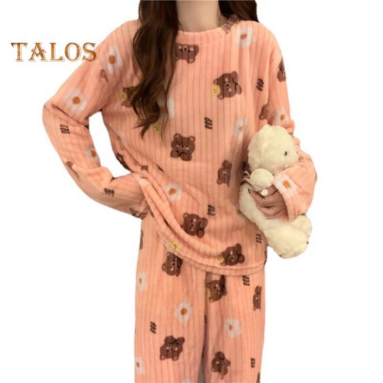 2 шт./комплект Женская зимняя пижама с круглым вырезом и рисунком медведя и персика, длинный рукав, коралловый флис, домашняя одежда, топ и штаны, комплект, свободная домашняя одежда для женщин