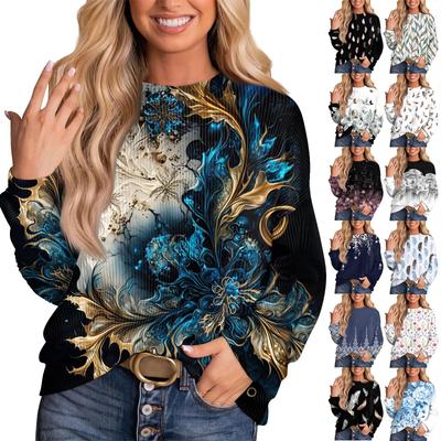 Женский модный принтованный ребристый топ с длинными рукавами и заниженной линией плеча, свободный топ с круглым вырезом