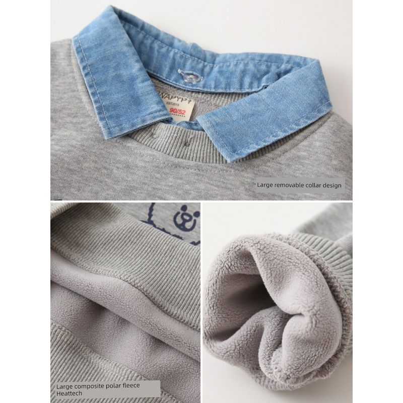 Детские свитеры-двойки с флисовой подкладкой Детская одежда Поло с джинсовым воротником для мальчиков Одежда из полярного флиса с отложным воротником для мальчиков