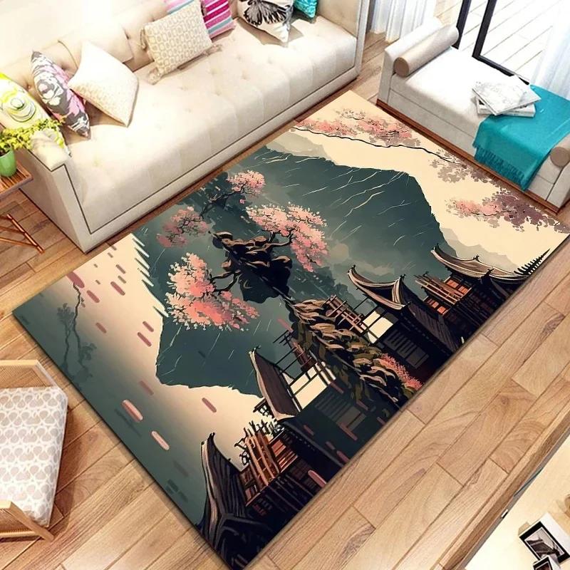 3D Japanese Cherry Blossom Floor Mat with Mount Fuji Design Large Soft Carpet for Kids' Bedroom Stylish Rug for Living Room