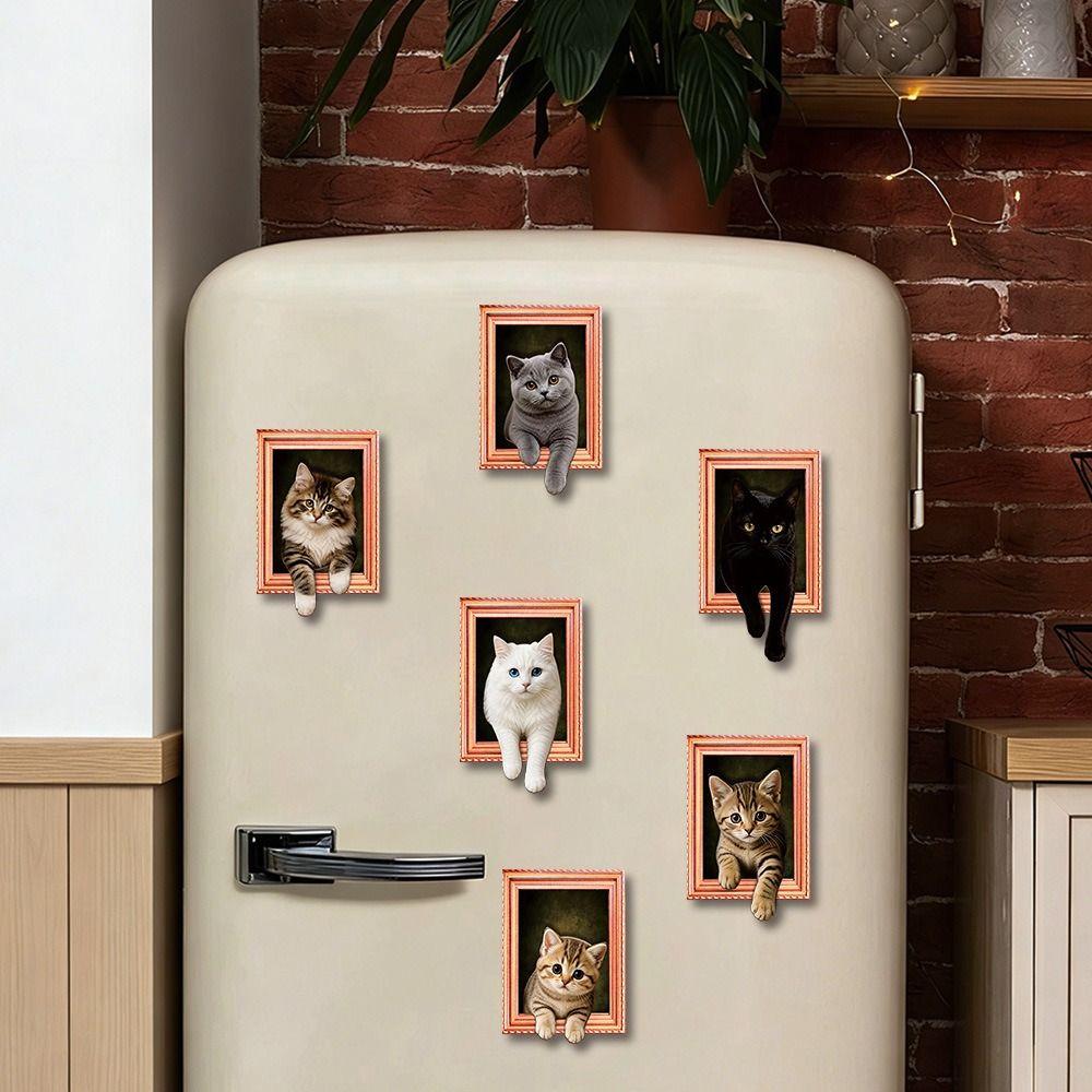 Oil Painting Style Wooden Frame Fridge Magnets 3D Wacky Cat Refrigerator Magnets Home Decoration