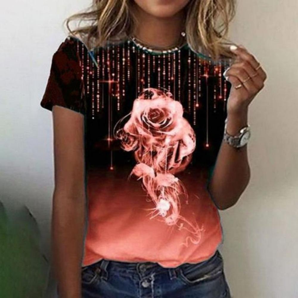 Новая женская роскошная одежда, летняя одежда, футболки с принтом роз 3D, футболки для девочек, уличная одежда с круглым вырезом, свободная одежда Laides 2023