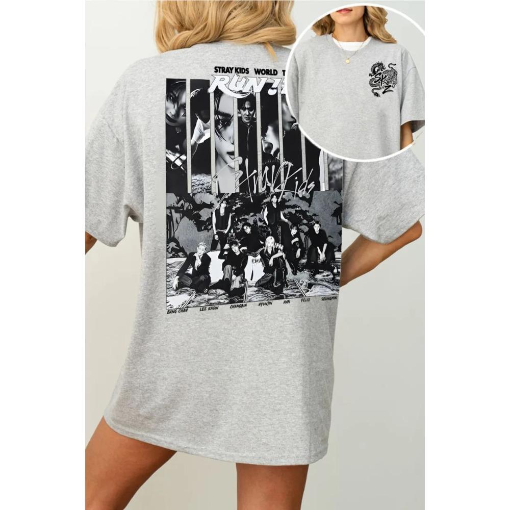 2026 Hot Sale Stray Kids Run It World Tour Two-Sided T-shirt Y2K Men Women Gothic Harajuku T-shirt Print Crew Neck Lightweight Casual T Shirt