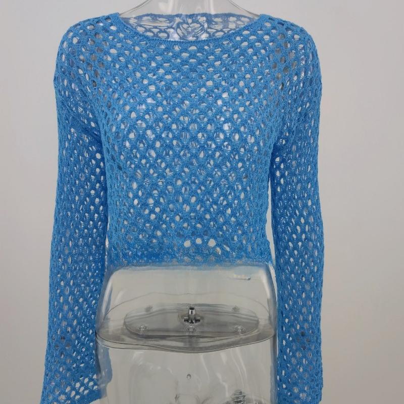 Летняя свободная трикотажная блузка с открытыми плечами, женские повседневные рубашки с расклешенными рукавами и круглым вырезом для женщин, модные элегантные однотонные укороченные топы 24123