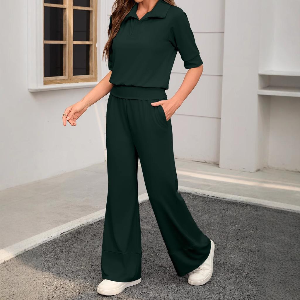  Комплект из 2 предметов. Женские повседневные брюки с короткими рукавами и лацканами, эластичные, широкие.