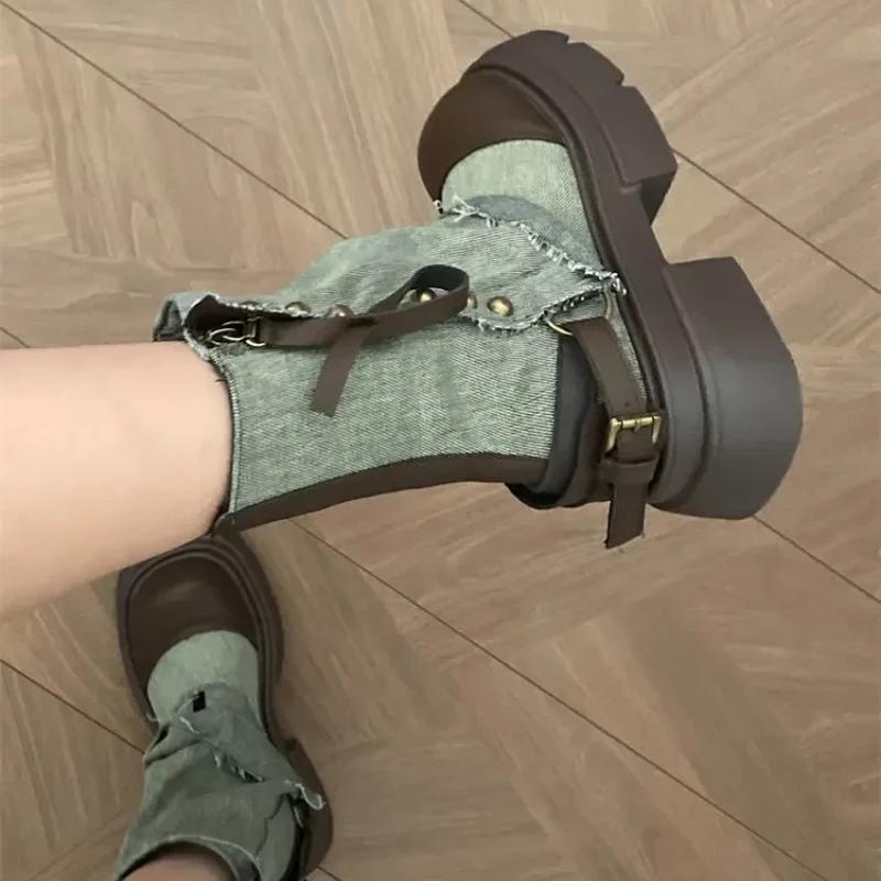 Модные ковбойские полусапоги для женщин с круглым носком, на каблуке, из денима, элегантные, до середины икры, для работы, из ПУ, весна 2024, гяру, Y2k