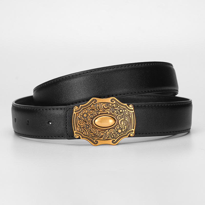 Genuine Cowhide Retro Carved Women's Belt - Simple Literary Style for Denim Casual Wear
