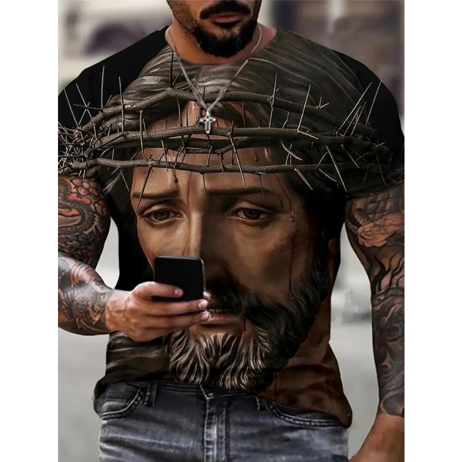 Men's 3D Cross Graphic Print Tee - Casual Short Sleeve Crew Neck T-shirt for Summer Outdoor Activities and Novelty Pajamas - Slightly Stretchy