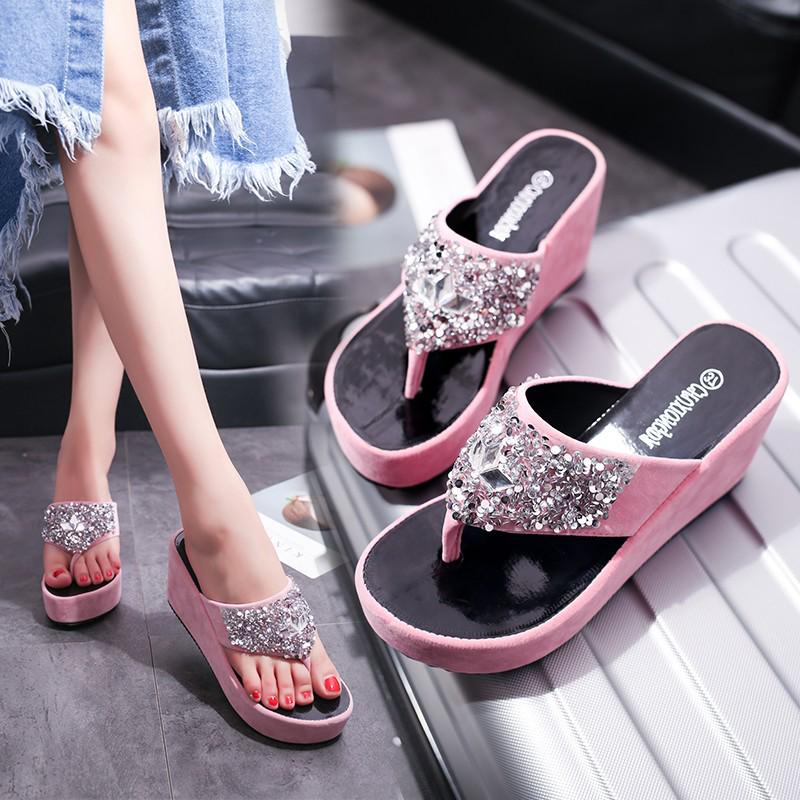 Модные шлепанцы, женские тапочки на платформе, повседневные удобные сандалии на танкетке со стразами