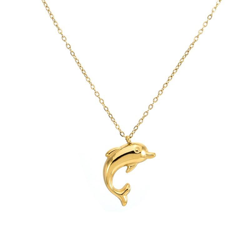 Womens Dolphin Pendant Necklace 18K Gold Plated Stainless Steel Clavicle Chain Ins Style Jewelry