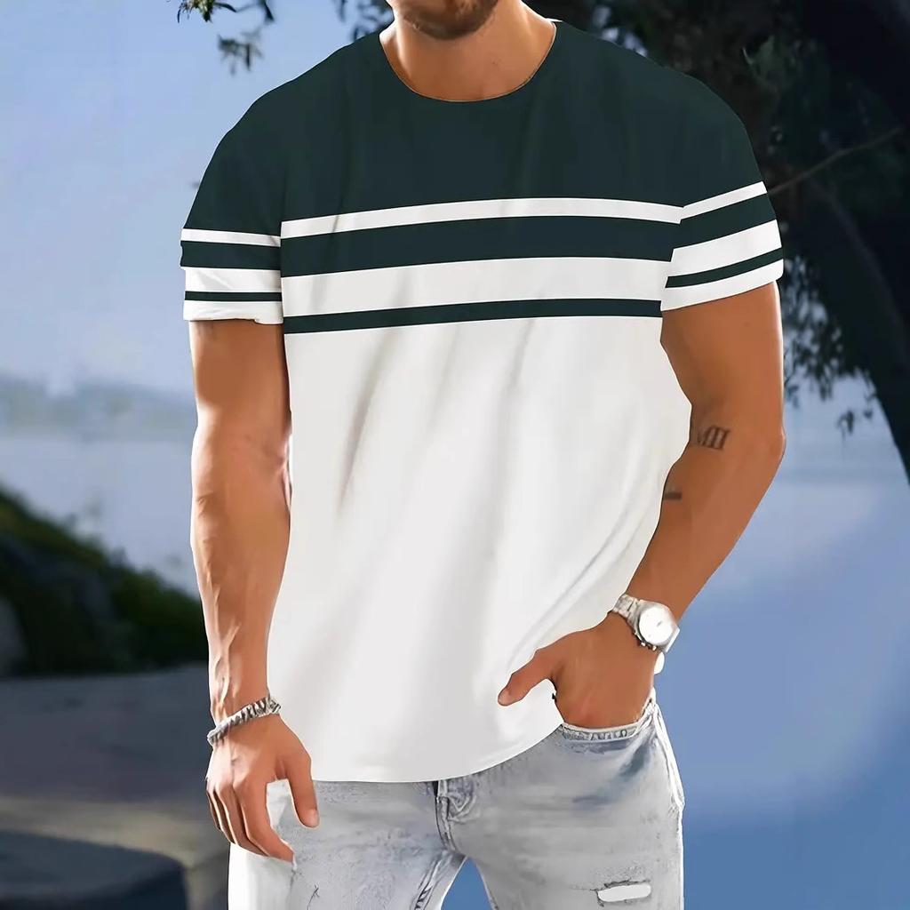 Летняя футболка с круглым вырезом, цветными блоками и полосатым 3D-принтом, модная, повседневная, с короткими рукавами, мужская