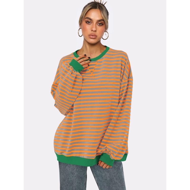 Женская толстовка с круглым вырезом в полоску, свободный топ с рукавами-фонариками