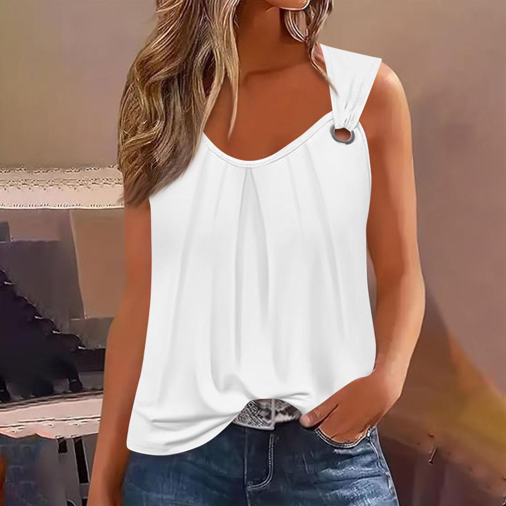 Летние женские топы на бретелях с круглым вырезом, повседневные струящиеся рубашки без рукавов, повседневные свободные плиссированные футболки, футболки, женская блузка