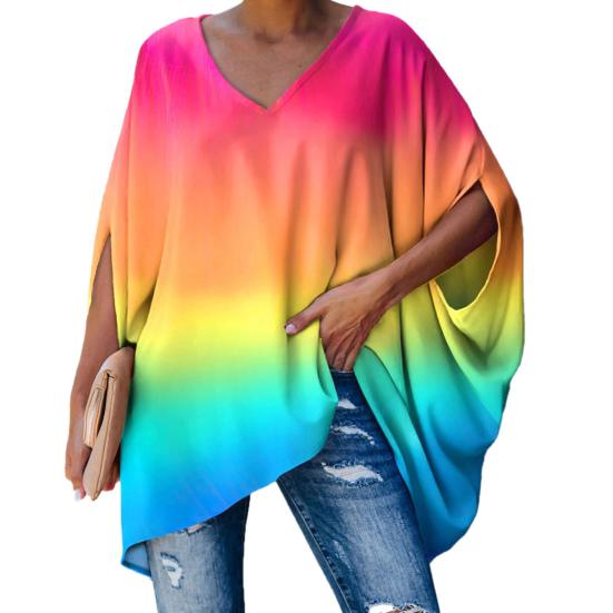 Женская блузка с принтом Tie Dye и рукавом «летучая мышь», осенний пуловер с v-образным вырезом и половиной рукавов, уличная одежда