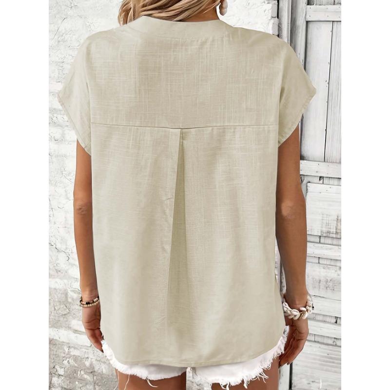 Summer Short Sleeve Loose Women Blouse New V-neck Button Retro Cotton Shirts Office Casual Simple Tops Shir… More