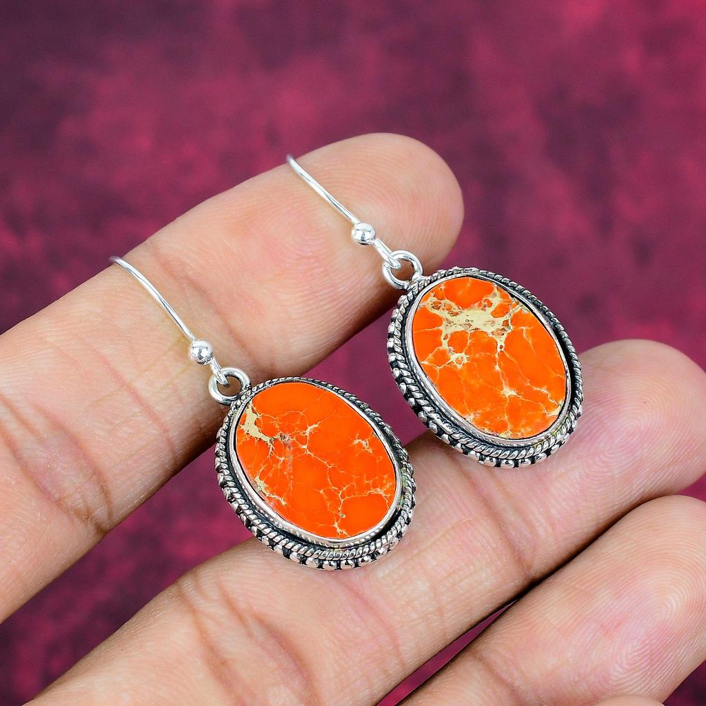 Orange Sea Sediment 925 Solid Sterling Silver Earrings, Handmade Gemstone Earrings Jewelry, Gifts For Wife Brand New Earrings