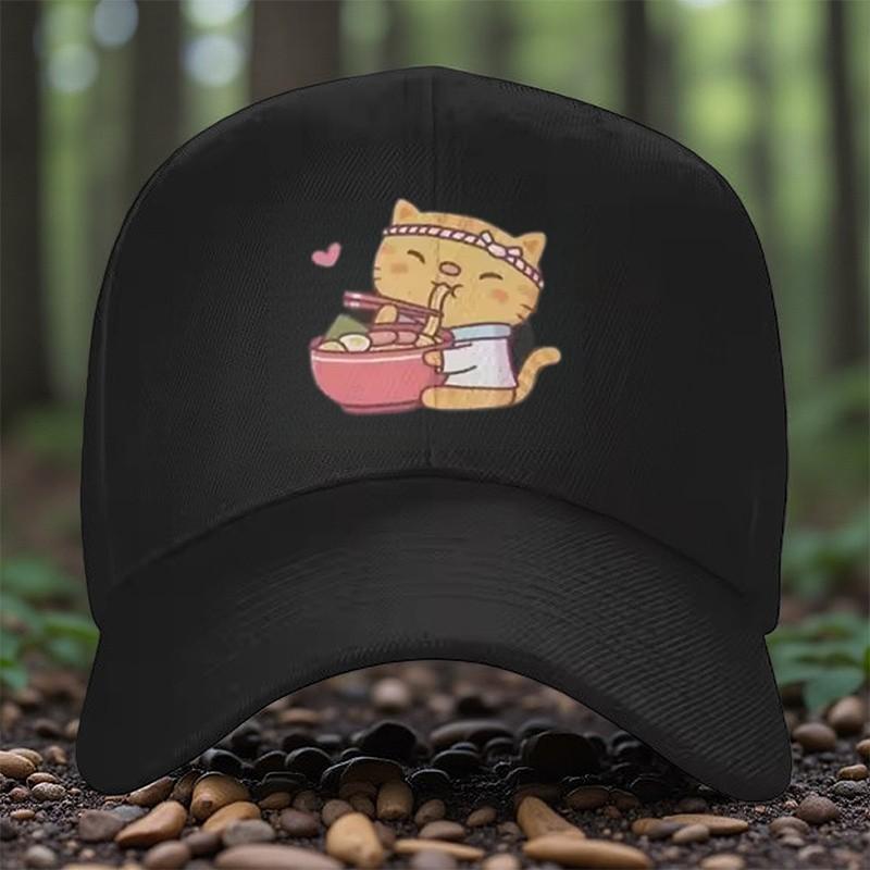 Cute Cat Eating Noodles Trucker Hat Adjustable Snapback Cap Casual Outdoor Anime Style