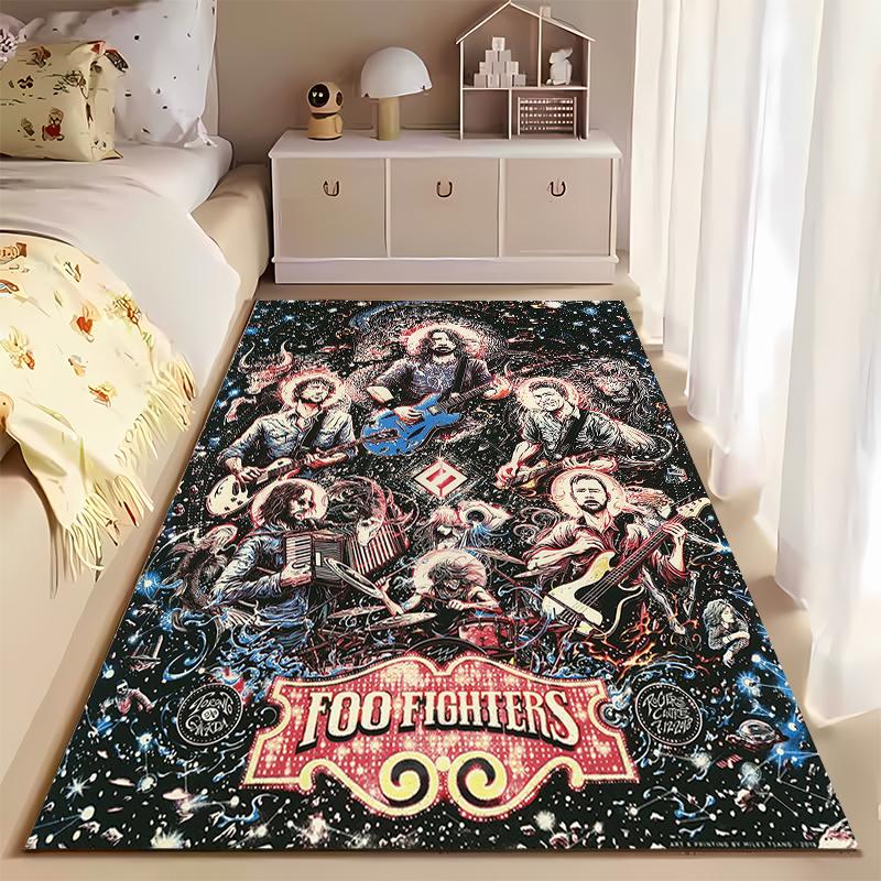 Rock Band Area Rug, Foo Fighters Cosmic Concert Poster Band Members Guitar Dragon Starburst Print, Music Decor, Non-Slip Mat