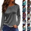 Women's Fashion Casual Slit Hem Round Neck Long Sleeve Loose Printed T-Shirt Ladies Top