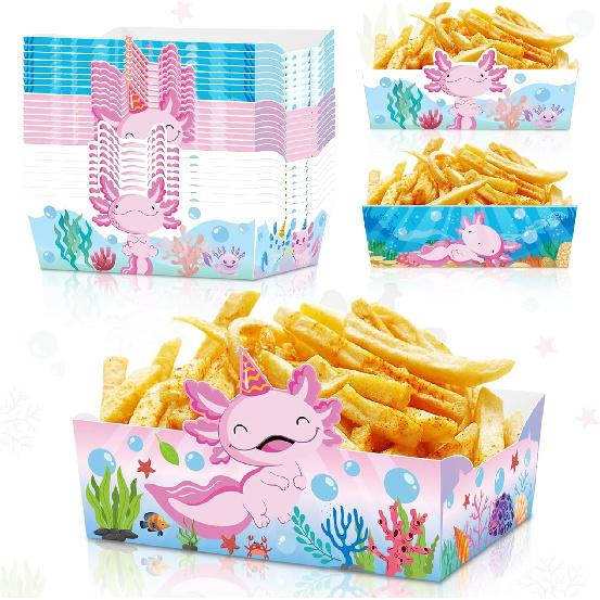 GLURUITE 24 Pcs Axolotl Party Paper Food Trays Disposable Axolotl Shaped Serving Boat Snack Bowls for Baby Shower Birthday Party Supplies Favors