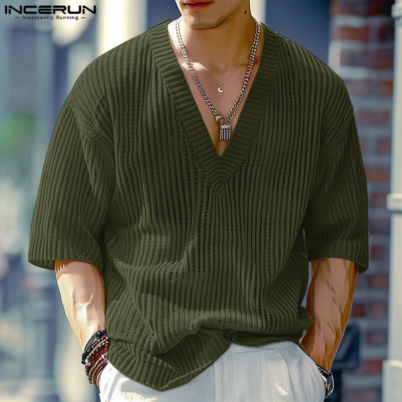 INCERUN Мужские повседневные трикотажные топы с глубоким V-образным вырезом и длинным рукавом
