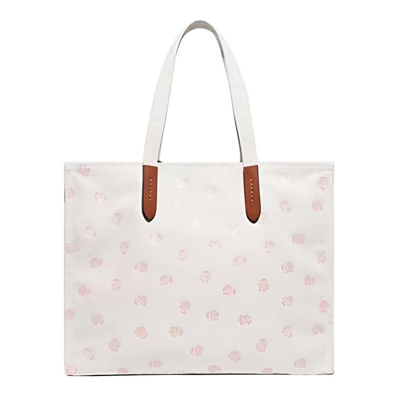 COACH 42 snap button closure rabbit print recycled canvas and recycled leather shoulder bag large size women's white