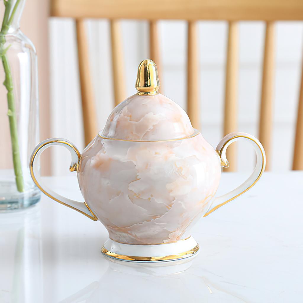 Ceramic Gold Inlay Tea Pot and Cup Set Marbling Purple Drinkware Europe Ceramic Mug Sugar Bowl Creamer Afternoon Tea Coffeeware