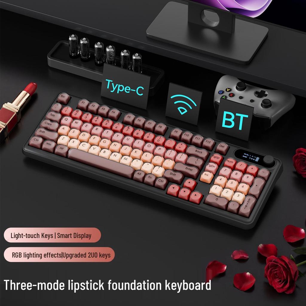 BOW Hangshi Многорежимная Bluetooth-клавиатура с подсветкой, дизайн с помадой и тональным кремом для женщин, механические ощущения, беспроводные/проводные варианты
