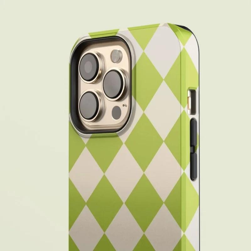 luxury Clmj Diamond Checkered Green Phone Case for iPhone 16 15 14 13 12 11 Pro Max Plus Magnetic Double-layer Back Cover