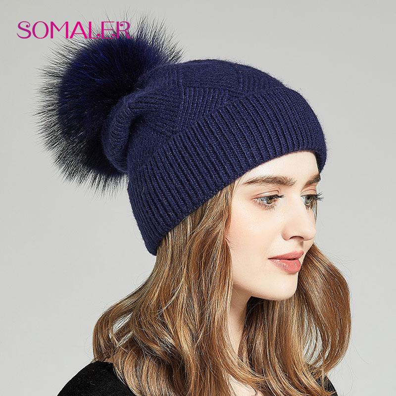 SOMALER Winter Hats For Women Natural Fur Pompom Hat Warm Wool Slouchy Beanies For Female Fashion Skullies Lady Hats