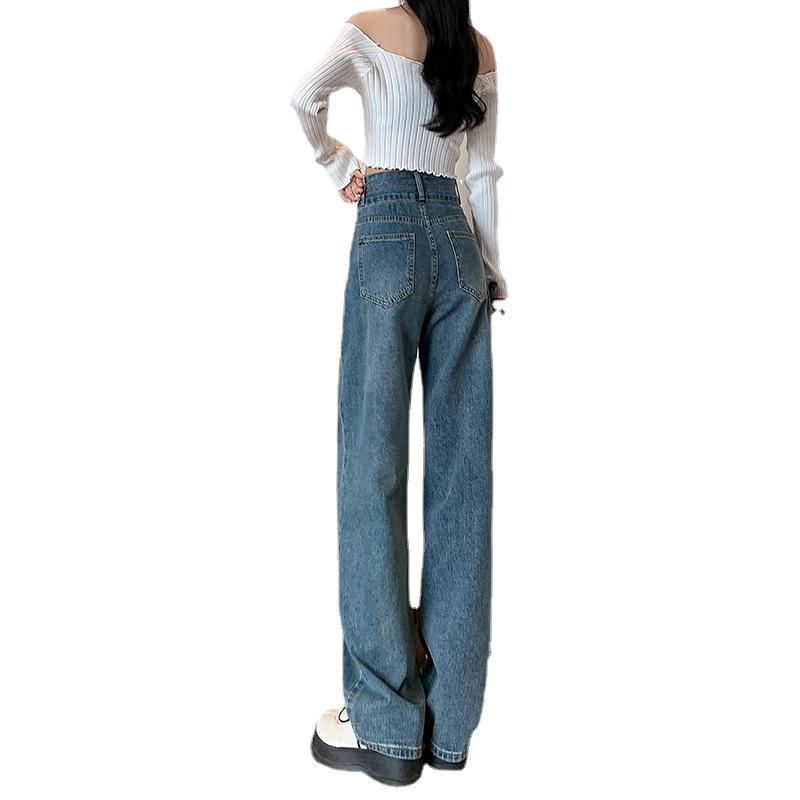 High waist wide leg pants jeans women's autumn new small loose and thin straight pants pants double buckle