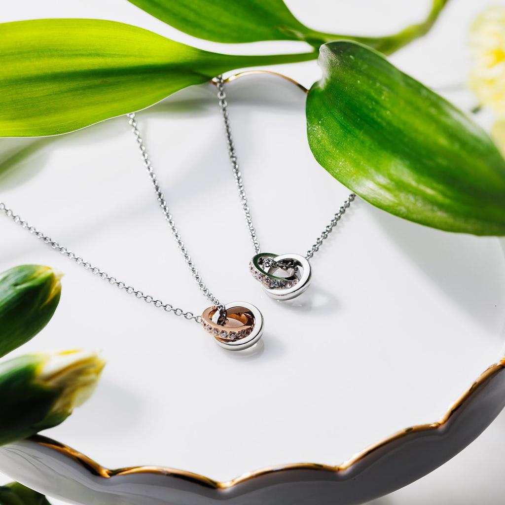 Парный набор ожерелий из 2 шт. Хирургическая сталь 316L Кубический цирконий Двойное кольцо Розовый Серебристый [White Clover] 40см/45см & 4SUP112GO&4SUP112SV