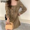 Женский темперамент ретро платье с квадратным воротником плиссированное однобортное корейское платье-костюм А-силуэта с длинными рукавами