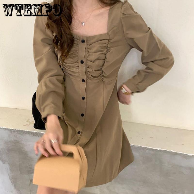 Женский темперамент ретро платье с квадратным воротником плиссированное однобортное корейское платье-костюм А-силуэта с длинными рукавами