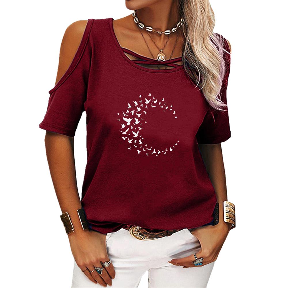 Women Casual Off Shoulder T-shirt Summer Short Sleeve Top Ladies Fashion Round Neck Printed Tee Shirt Pullover Loose T-shirt