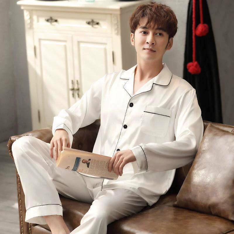 Men's Spring and Autumn Thin Lapel Ice Silk Thin Button Section Top + Wide-leg Trousers Home Two-piece Set