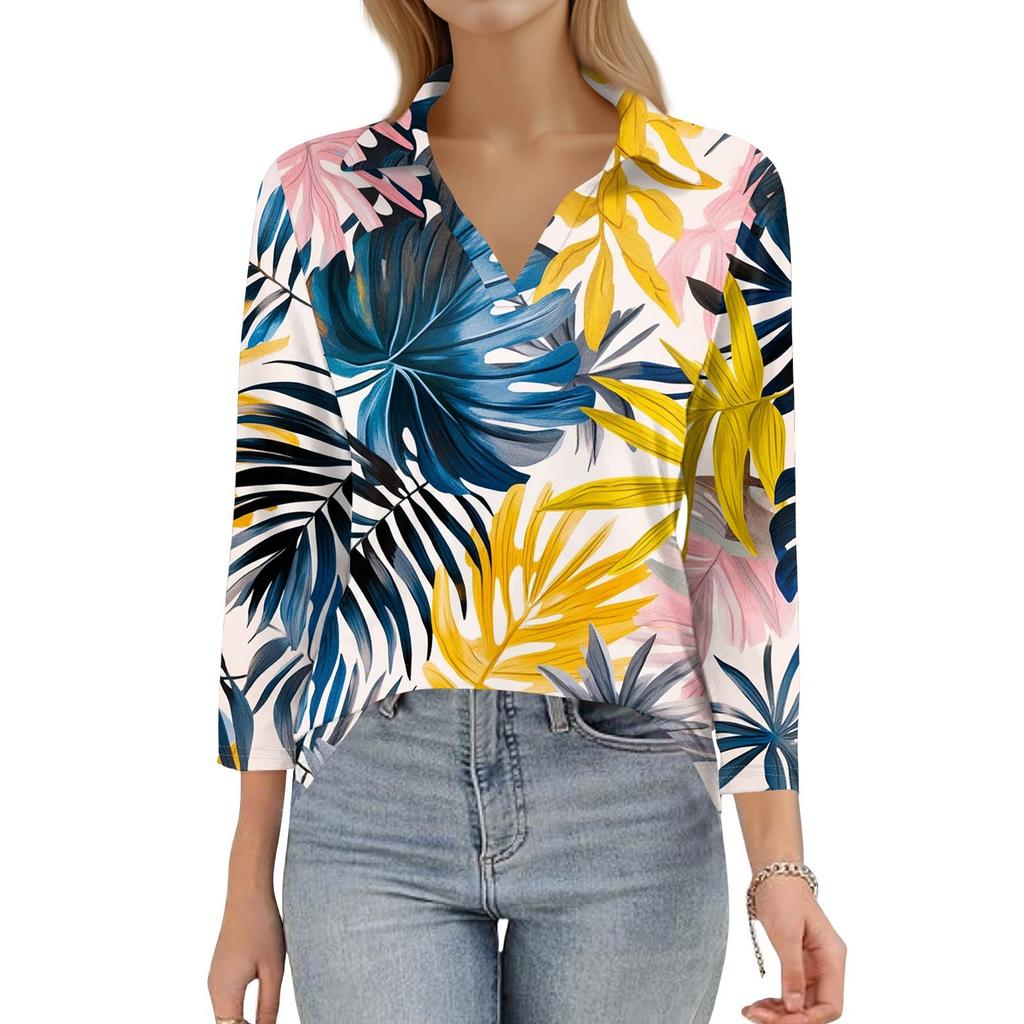 Женская летняя модная повседневная рубашка с v-образным вырезом и семью рукавами с принтом, топ