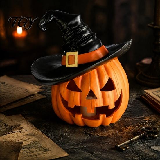 Weighted Solid Resin Figurines Halloween Pumpkin Ornament with Witch Hat, Jack O Lantern Decorative Lamp, Creepy Script Killing Props Spooky
