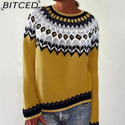 Женский свитер - Пуловер вязаный модный оверсайз с круглым вырезом и цветными блоками