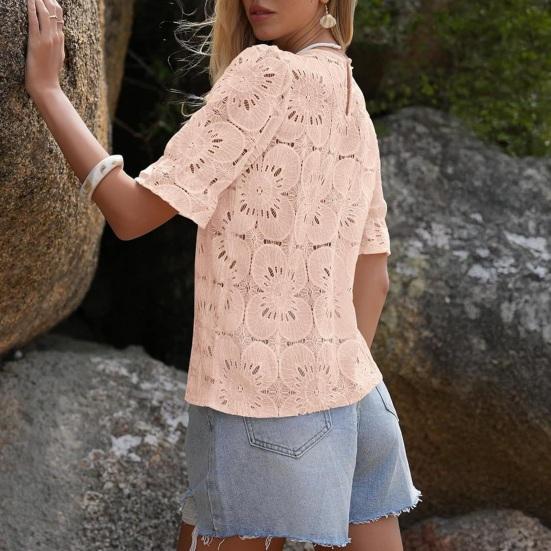 Женские топы с круглым вырезом, буфы, короткий рукав, ажурный кружевной пуловер, однотонные свободные летние футболки
