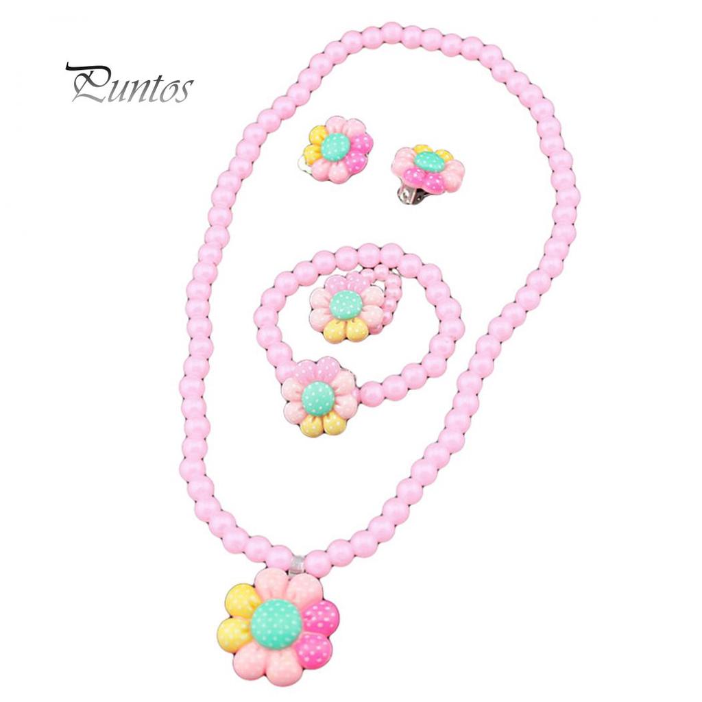 Цветок Искусственный жемчуг Дети Девушки Серьги Браслет Ожерелье Кольцо Комплект ювелирных изделий