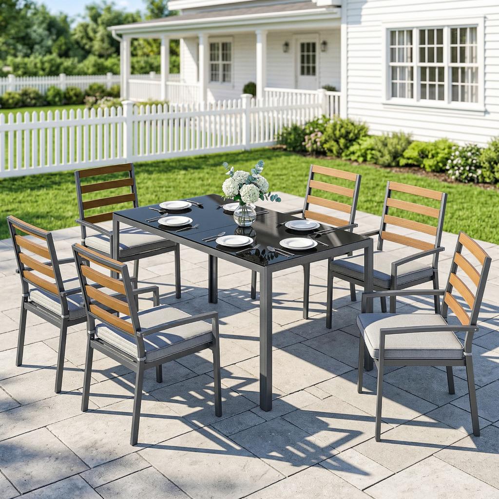 7-Piece Garden Dining Set, Table and Chairs for 6 People, Black