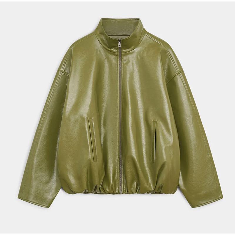 Женская зеленая кожаная куртка со стойкой воротником, модная, на молнии, длинная, свободного кроя, верхняя одежда, шикарная, 2025, новая осенняя мода, уличный стиль, женская одежда