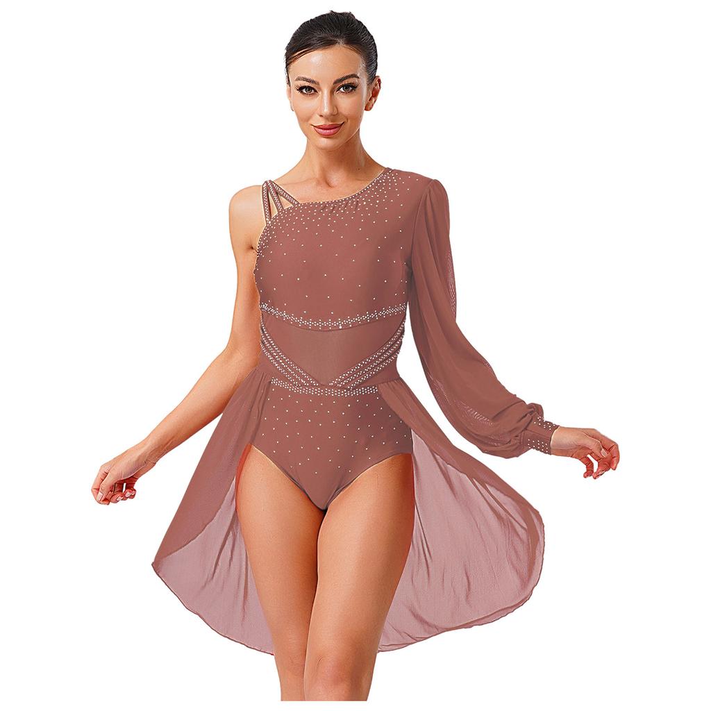 Womens One Shoulder Latin Dance Dress Single Sleeve Sparkle Rhinestone Performance Costume