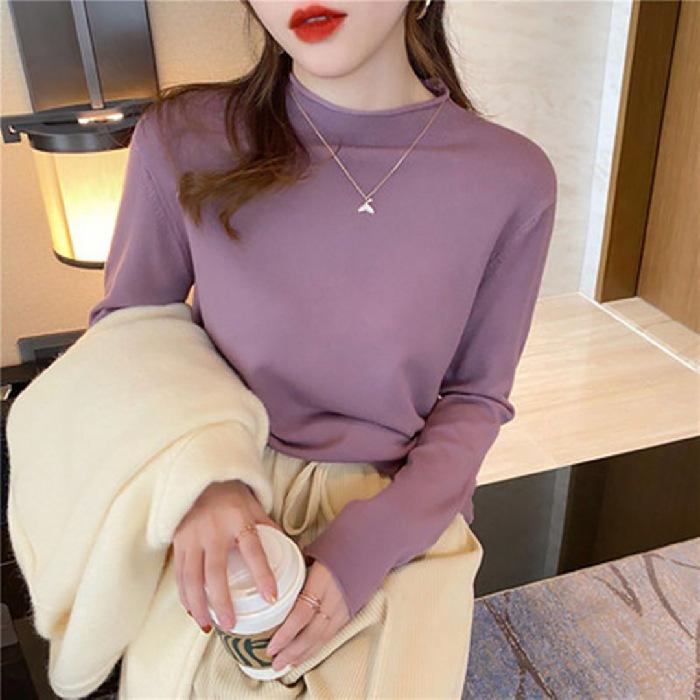 Autumn and Winter Latest Korean Version of Half High Neck Solid Color Base Shirt Fashion Ins Slim-fit All Knitted Top Female Tide