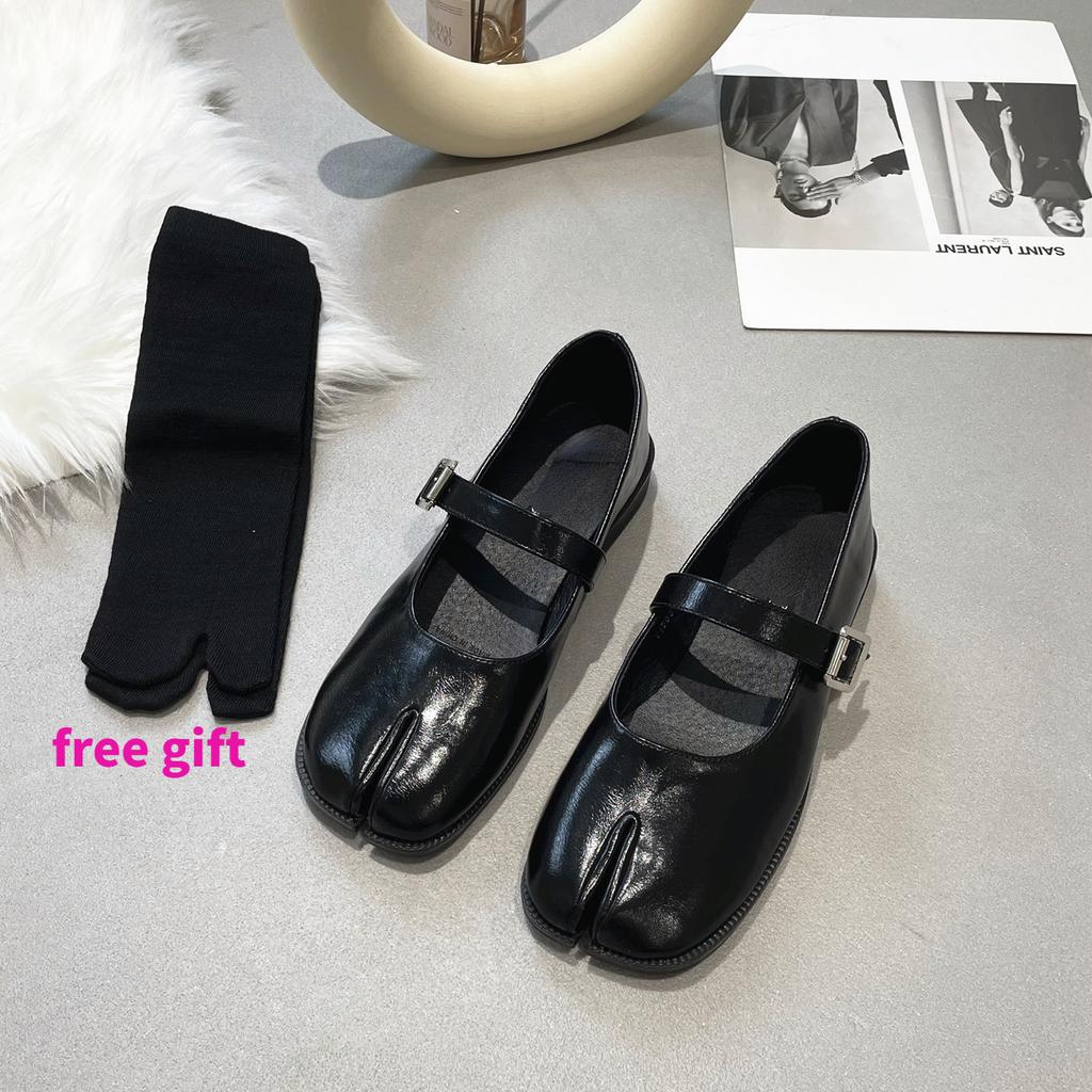 Женские мокасины Tabi Ninja Flats с раздельным носком Mary Janes Black Leather One Word Buckle Shoes Solid Brief Lady Loafers + бесплатные носки