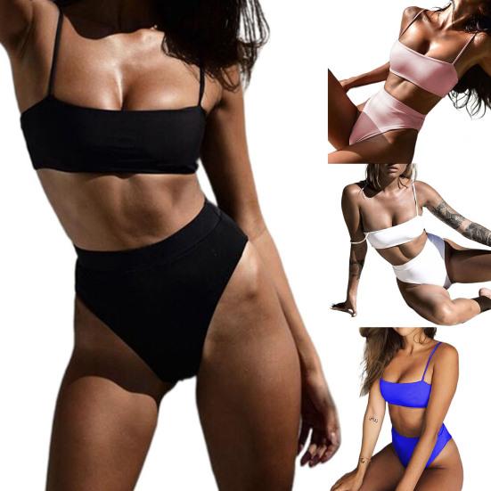 2 шт./компл. комплект бикини, однотонный трехточечный эластичный женский купальник на тонких бретелях